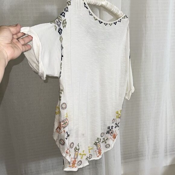 free people L Ivory Navy Peach Green Lace up Oversized Embroidered Peasant Top - Picture 12 of 14